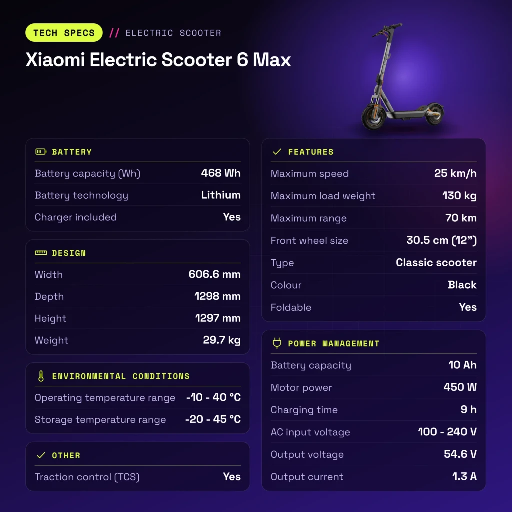 Trottinette Électrique Xiaomi Electric Scooter 6 Max 450W 70km 25km/h 12 pouces Noir - caractéristiques