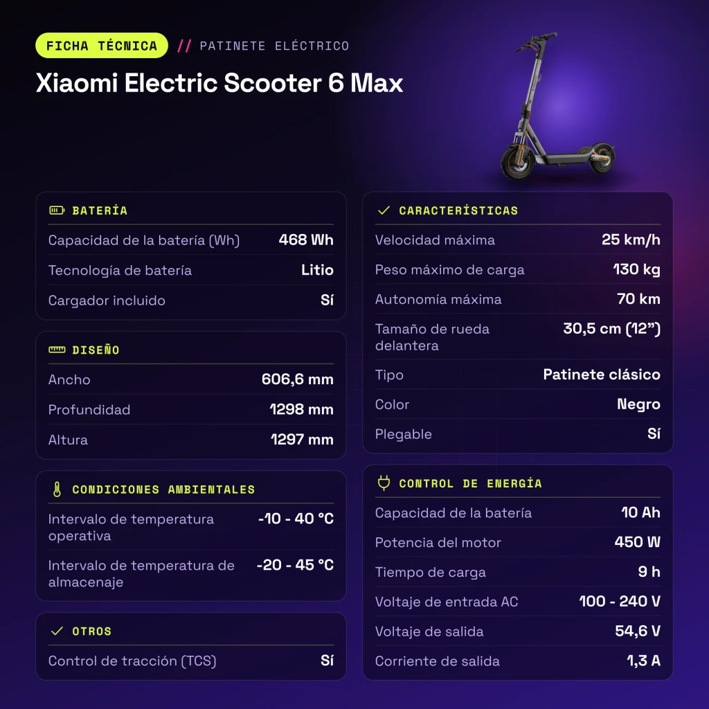 Trottinette Électrique Xiaomi Electric Scooter 6 Max 450W 70km 25km/h 12 pouces Noir - caractéristiques