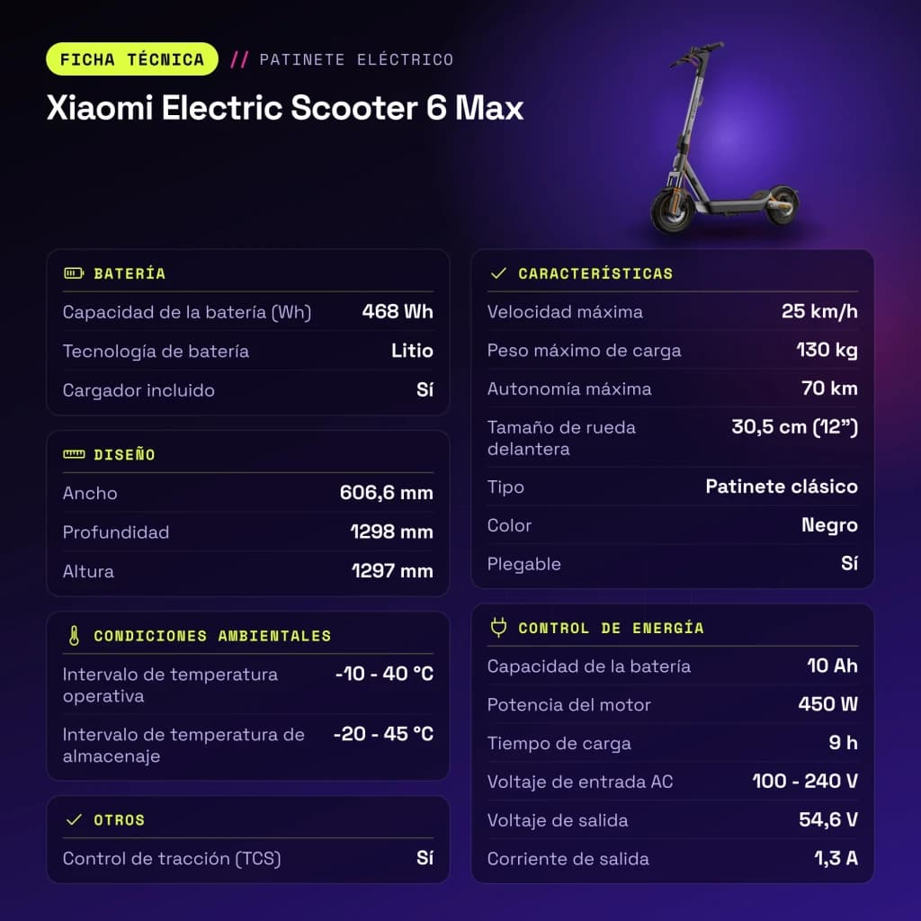 Trottinette Électrique Xiaomi Electric Scooter 6 Max 450W 70km 25km/h 12 pouces Noir - caractéristiques
