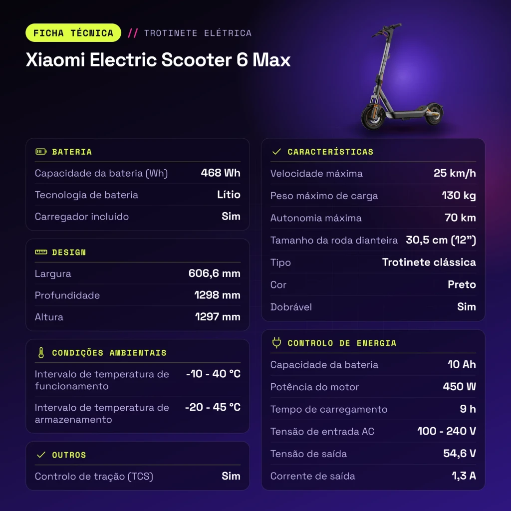 Trottinette Électrique Xiaomi Electric Scooter 6 Max 450W 70km 25km/h 12 pouces Noir - caractéristiques