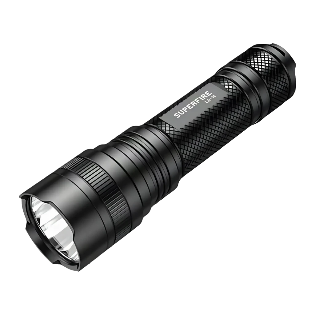 Torche LED Superfire Noir Rechargeable USB-C 900lm 250 m L6-H, vue de face: corps aluminium avec grip texturé, tête LED