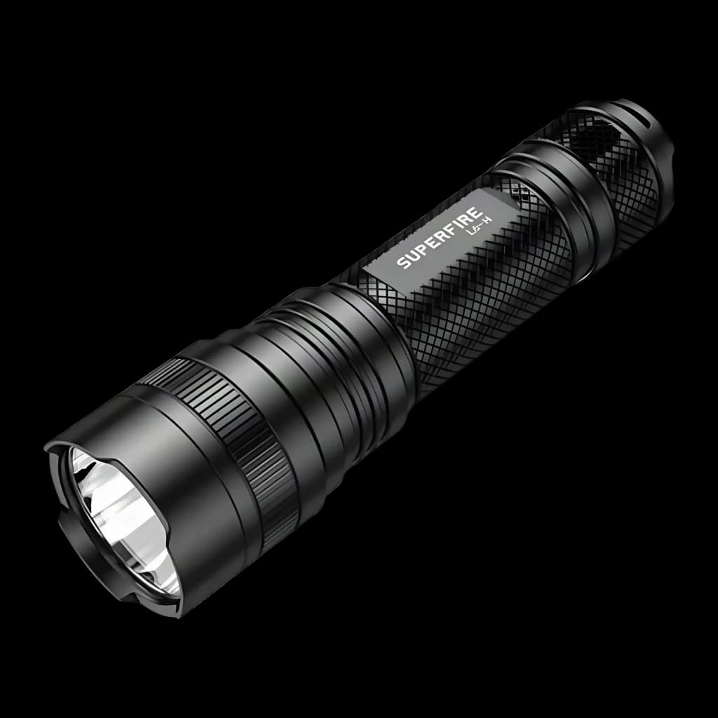 Torche LED Superfire Noir Rechargeable USB-C 900lm 250 m L6-H, vue de face: corps aluminium avec grip texturé, tête LED