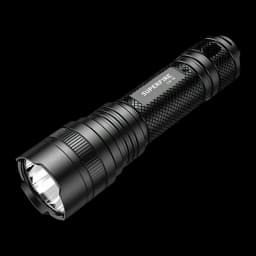 Torche LED Superfire Noir Rechargeable USB-C 900lm 250 m L6-H, vue de face: corps aluminium avec grip texturé, tête LED