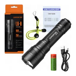 Torche LED Superfire Noir Rechargeable USB-C 900lm 250 m L6-H, contenu de la boîte: torche, boîte orange, batterie 3700mAh