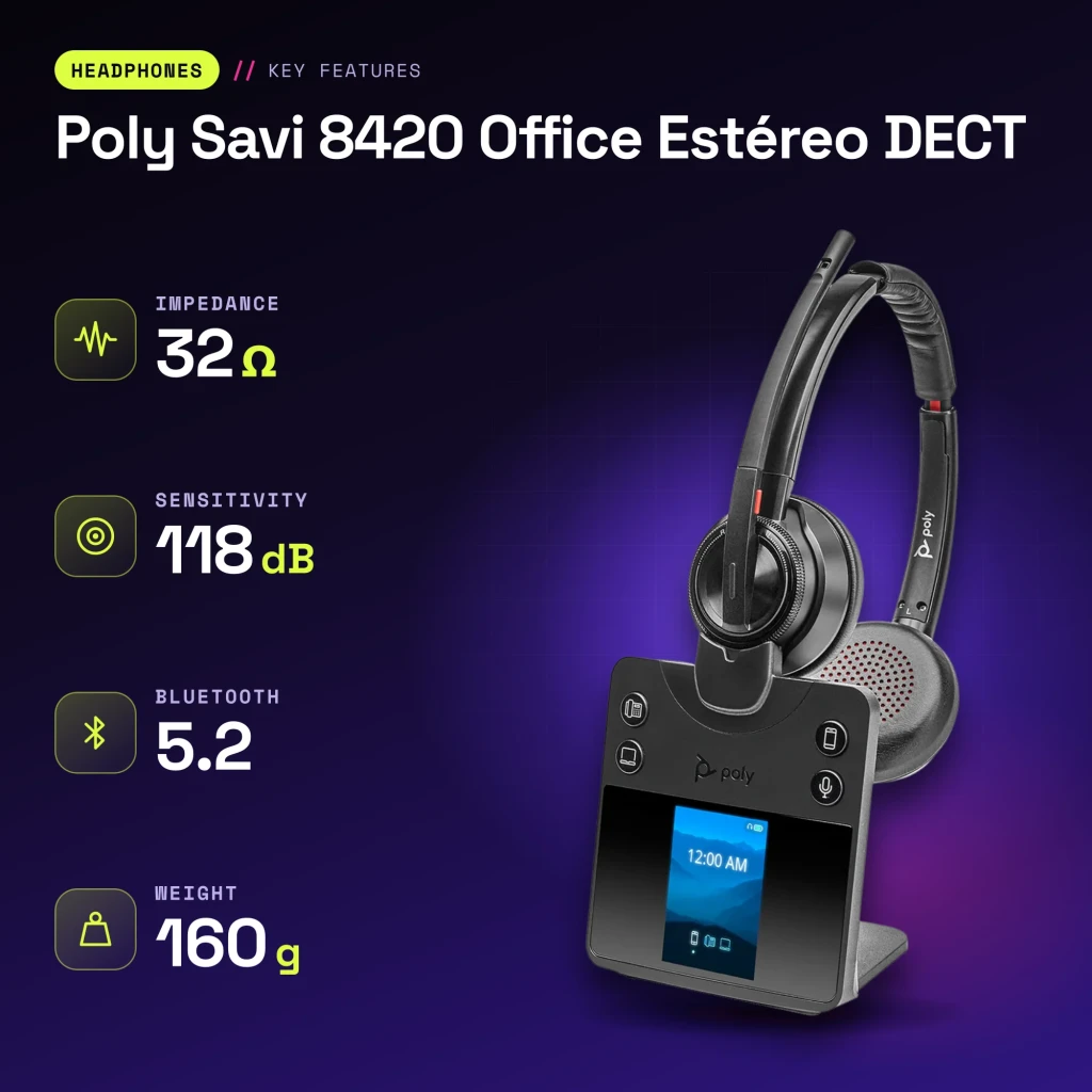 Auriculares Poly Savi 8420 Office Estéreo DECT Cancelación de Ruido Activo Diadema Negro - características