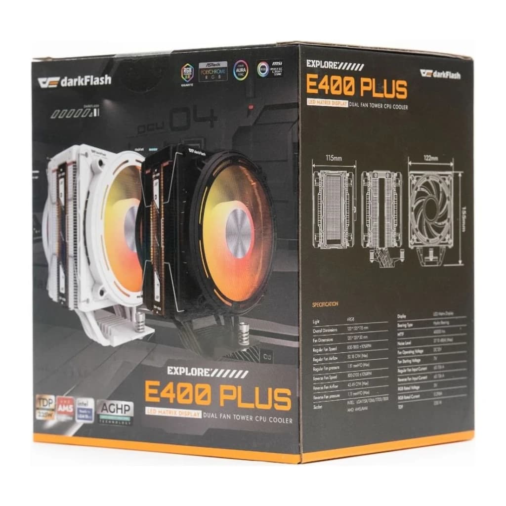 Disipador CPU Darkflash E400 Plus Pantalla LED Temperatura Negro, contenido de la caja: caja con ventilador ARGB naranja