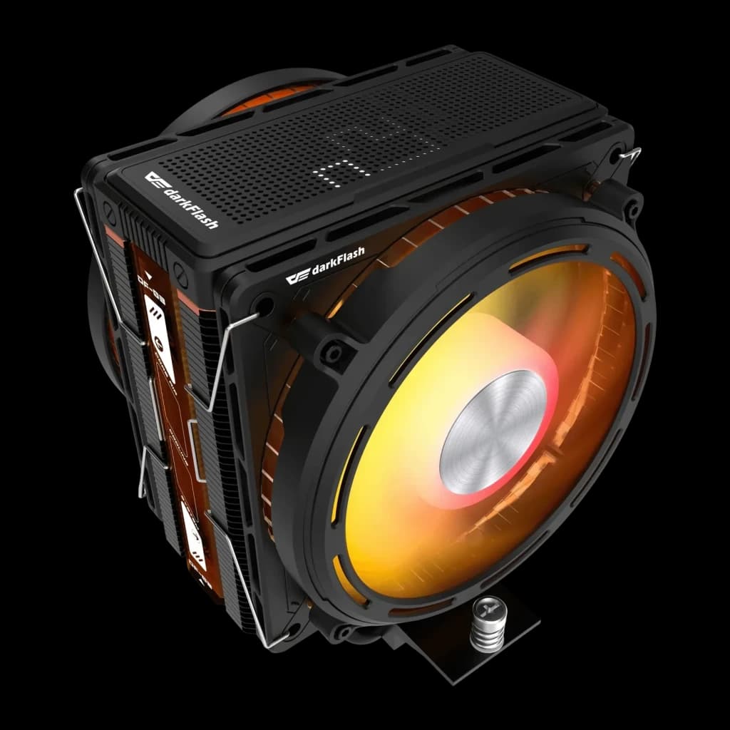 Disipador CPU Darkflash E400 Plus Pantalla LED Temperatura Negro, vista frontal: ventilador ARGB naranja-rojo, aletas y heat