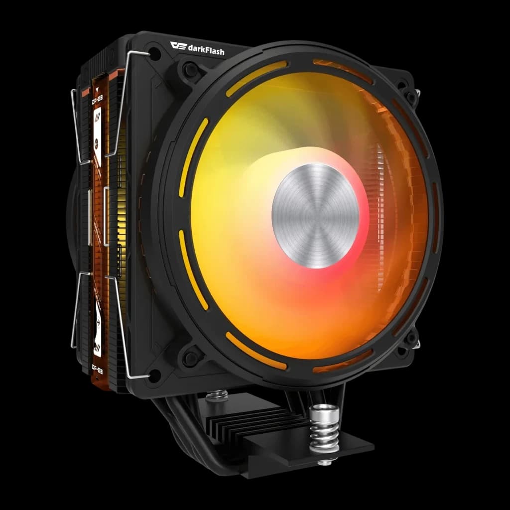 Disipador CPU Darkflash E400 Plus Pantalla LED Temperatura Negro, detalle: ventilador ARGB naranja-rojo, aletas y heat pipes