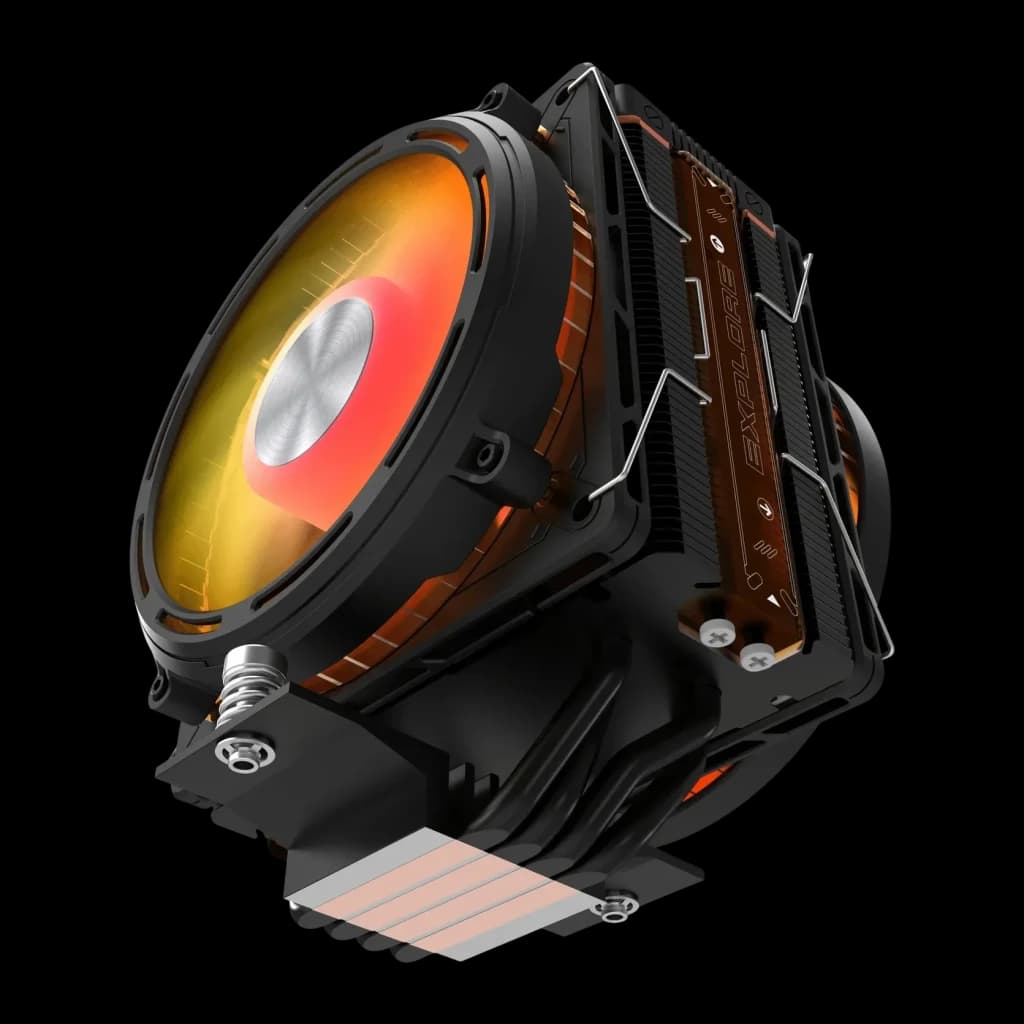 Disipador CPU Darkflash E400 Plus Pantalla LED Temperatura Negro, detalle: ventilador RGB naranja-rojo iluminado, aletas