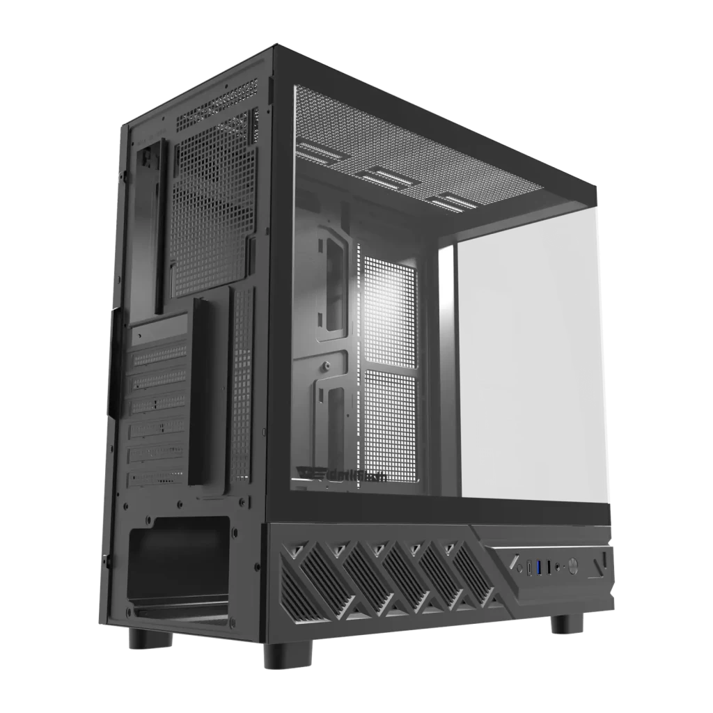 Boîtier PC Darkflash DS950 Verre Trempé 270° ATX 360mm Noir, vue arrière: panneau arrière avec slots d'extension