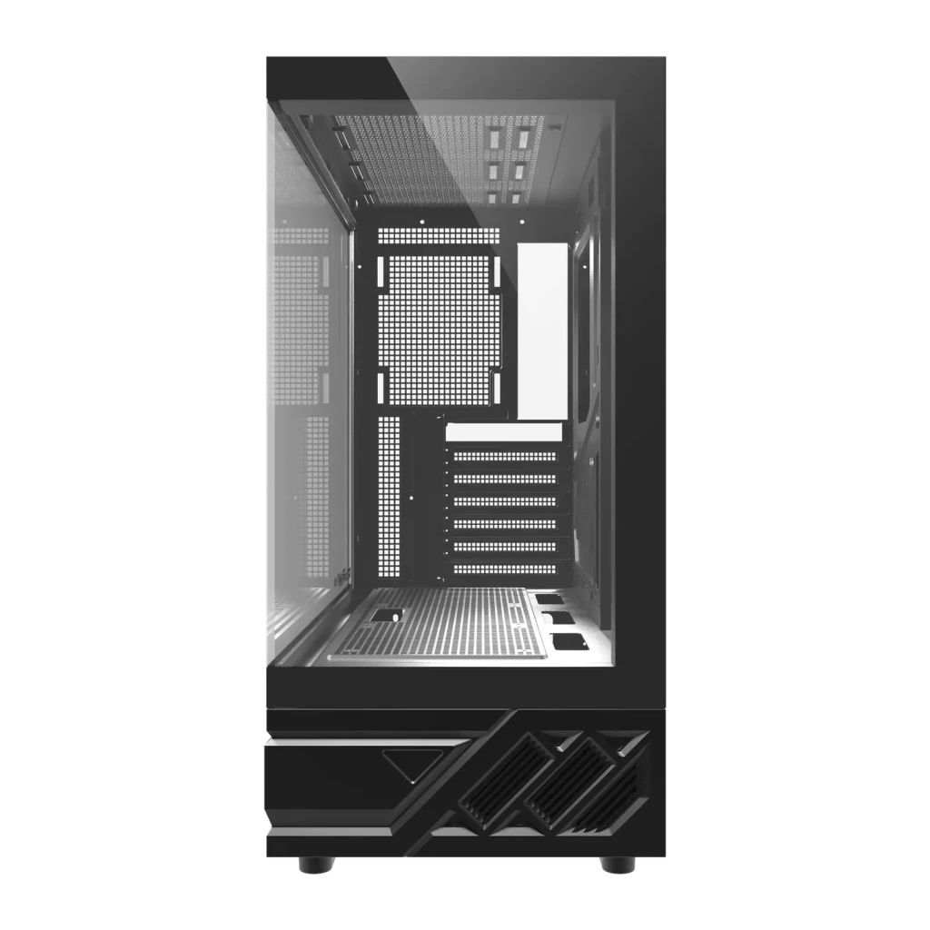 Boîtier PC Darkflash DS950 Verre Trempé 270° ATX 360mm Noir, détail: intérieur avec plateau perforé, slots PCIe et base