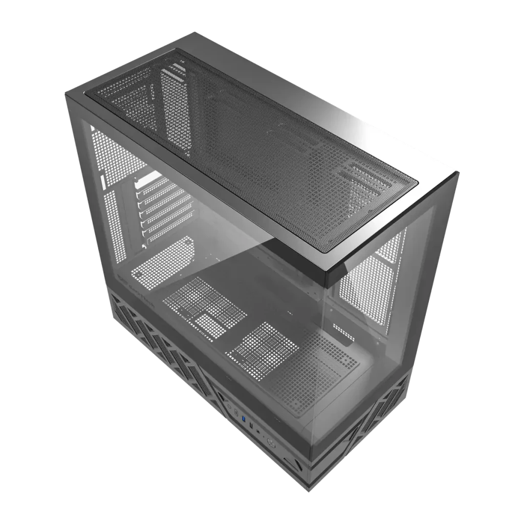Boîtier PC Darkflash DS950 Verre Trempé 270° ATX 360mm Noir, détail: vue supérieure en angle, intérieur vide et panneau