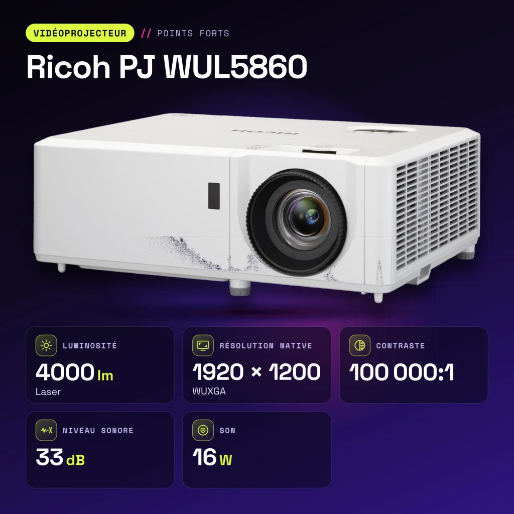 Projetor Ricoh PJ Laser WUXGA 1920x1200 4000 Lúmens ANSI DLP Branco WUL5860 - características