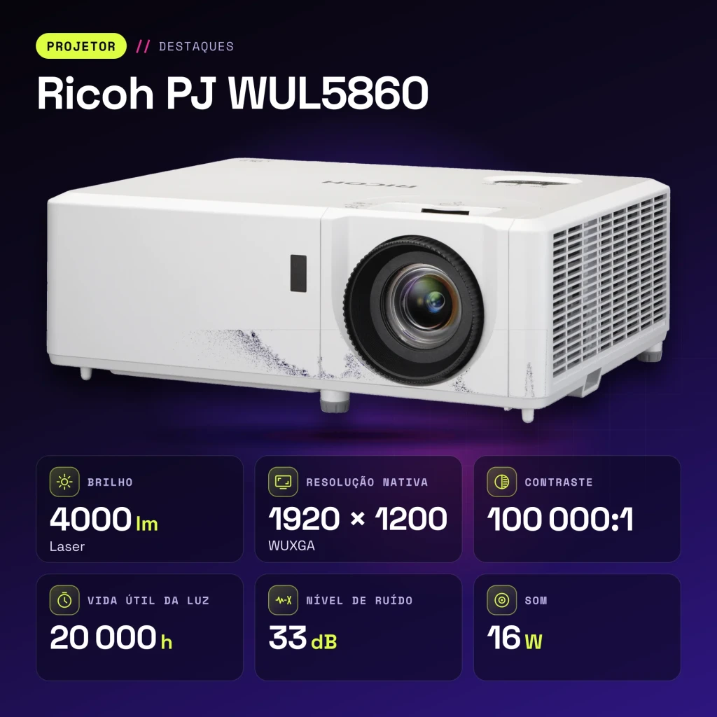 Projetor Ricoh PJ Laser WUXGA 1920x1200 4000 Lúmens ANSI DLP Branco WUL5860 - características