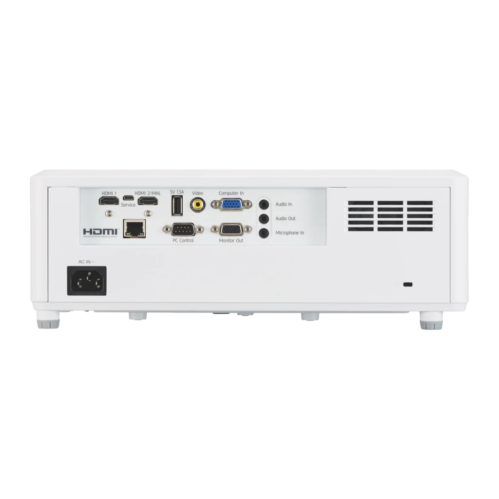 Projetor Ricoh PJ Laser WUXGA 1920x1200 4000 Lúmens ANSI DLP Branco WUL5860, vista traseira: portas HDMI, VGA, USB, RJ45