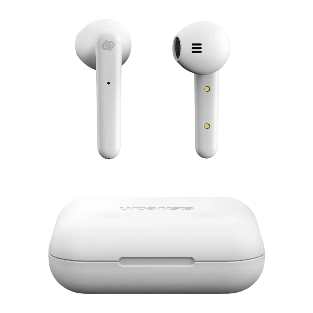 Auriculares Urbanista Stockholm In-Ear Bluetooth 5.0 14h Blanco, vista frontal: dos earbuds blancos con logo S y contactos