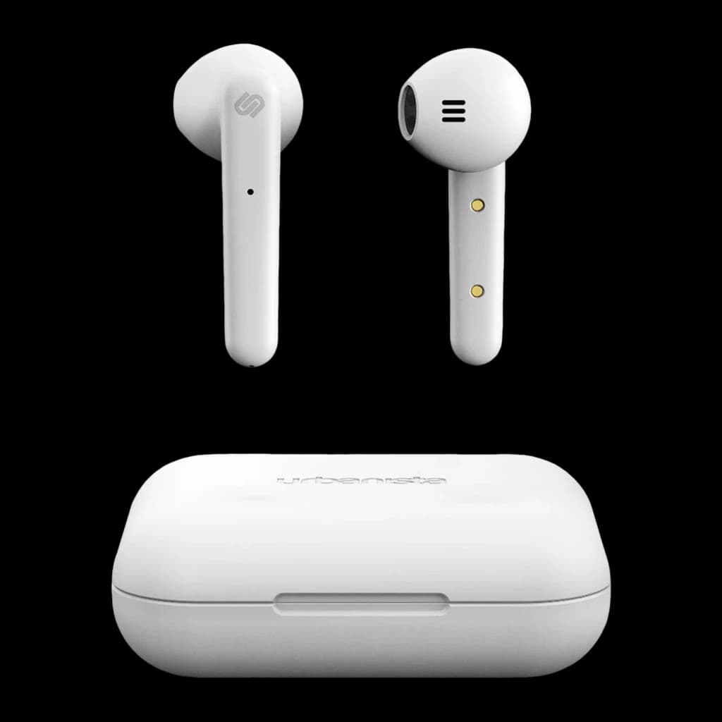 Auriculares Urbanista Stockholm In-Ear Bluetooth 5.0 14h Blanco, vista frontal: dos earbuds blancos con logo S y contactos