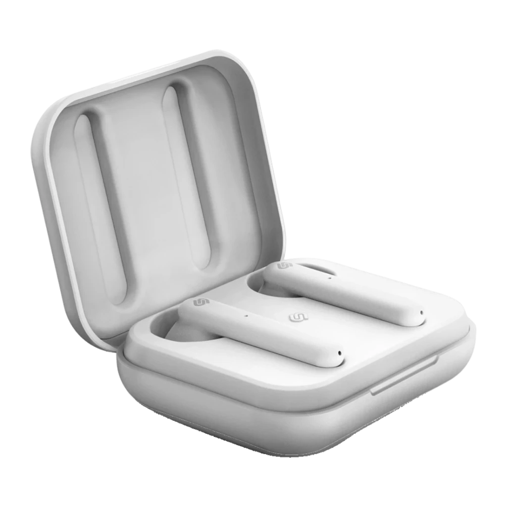 Auriculares Urbanista Stockholm In-Ear Bluetooth 5.0 14h Blanco, detalle: auriculares dentro de estuche de carga abierto