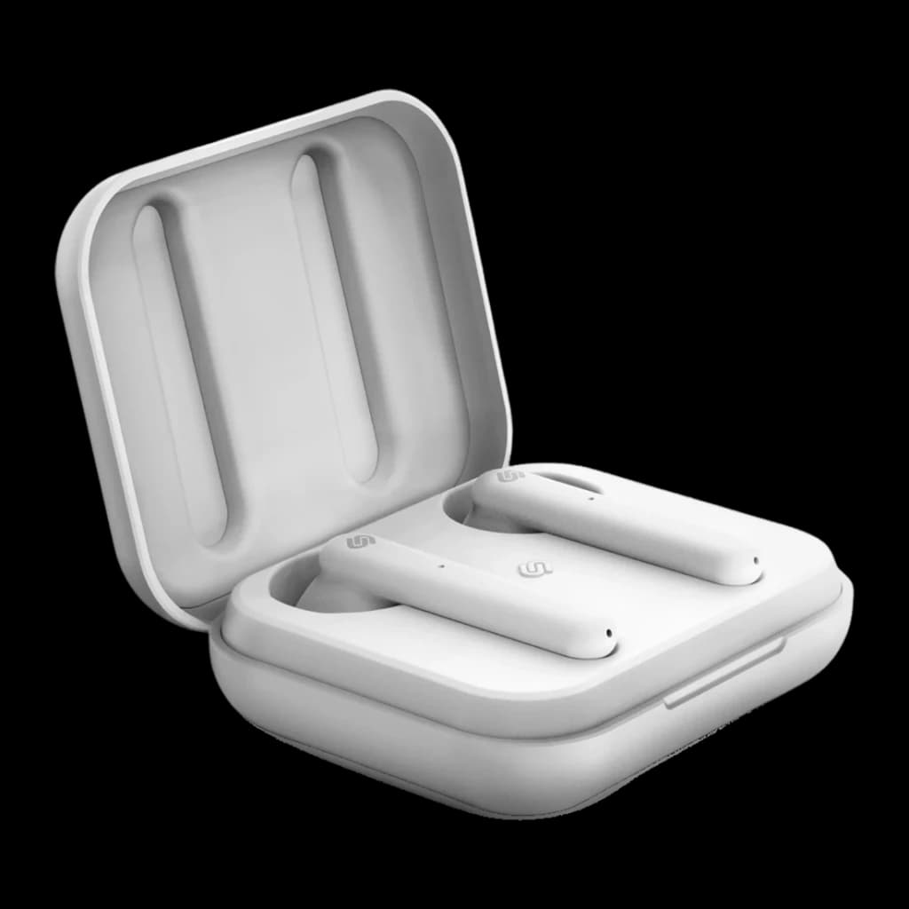 Auriculares Urbanista Stockholm In-Ear Bluetooth 5.0 14h Blanco, detalle: auriculares dentro de estuche de carga abierto