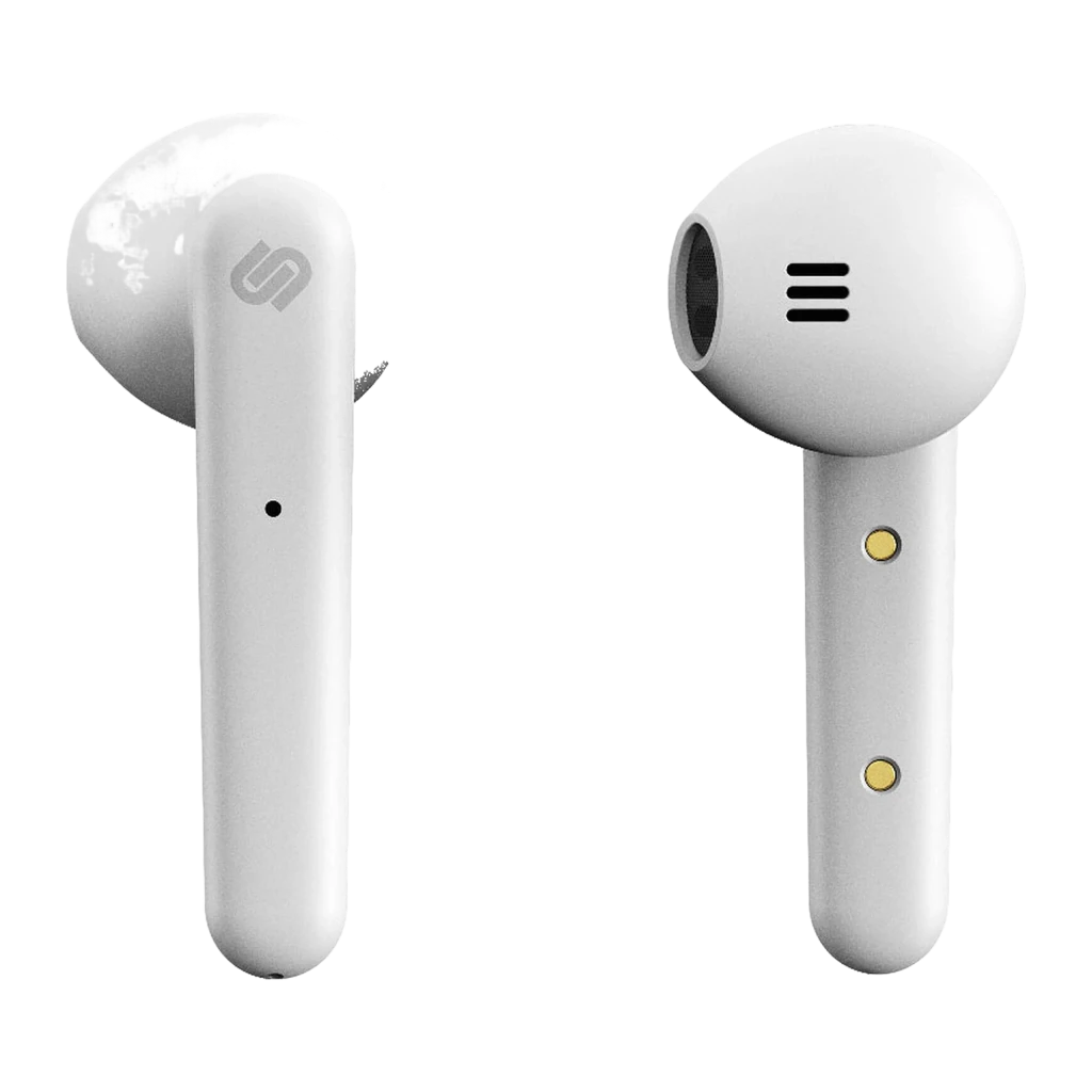 Auriculares Urbanista Stockholm In-Ear Bluetooth 5.0 14h Blanco, detalle: logo S y contactos dorados de carga visibles