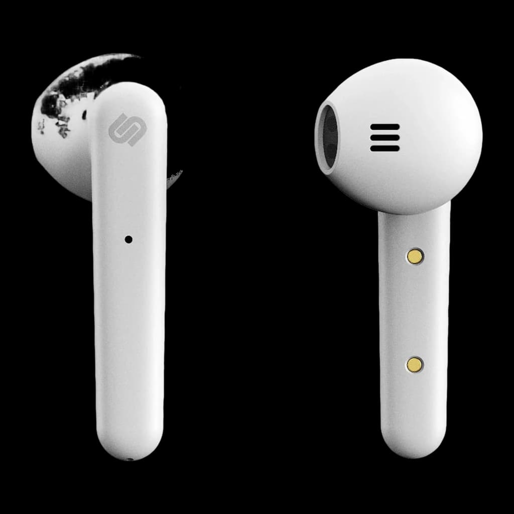 Auriculares Urbanista Stockholm In-Ear Bluetooth 5.0 14h Blanco, detalle: logo S y contactos dorados de carga visibles