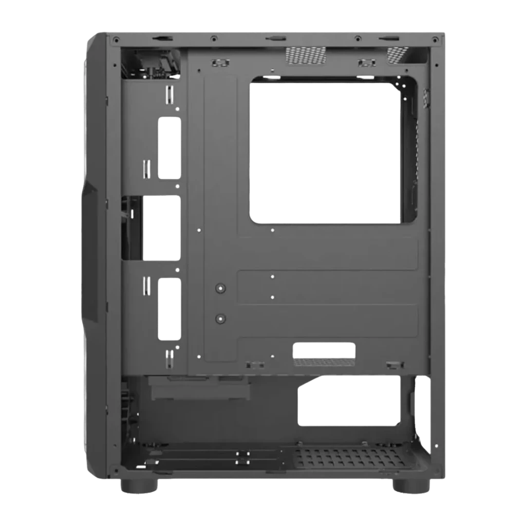 Boîtier PC Darkflash Aquarius Acrylic Panneau Acrylique ATX / M-ATX / ITX Noir, détail intérieur: plateau carte mère, baies