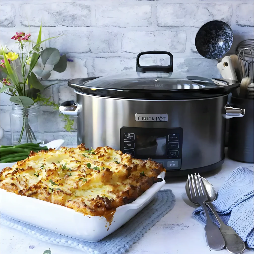 Mijoteuse Crockpot TimeSelect Digital 5,6L 240W Argent CSC066X, en utilisation: hachis parmentier servi dans un plat blanc à