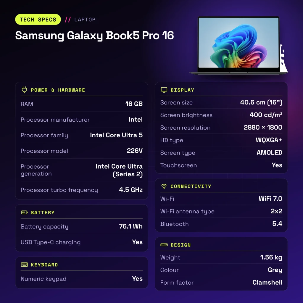PC portable Samsung Galaxy Book5 Pro 16 16 Go/512 Go 16 pouces AMOLED Tactile Intel Core Ultra 5 226V SSD NVMe Gris - caractéristiques