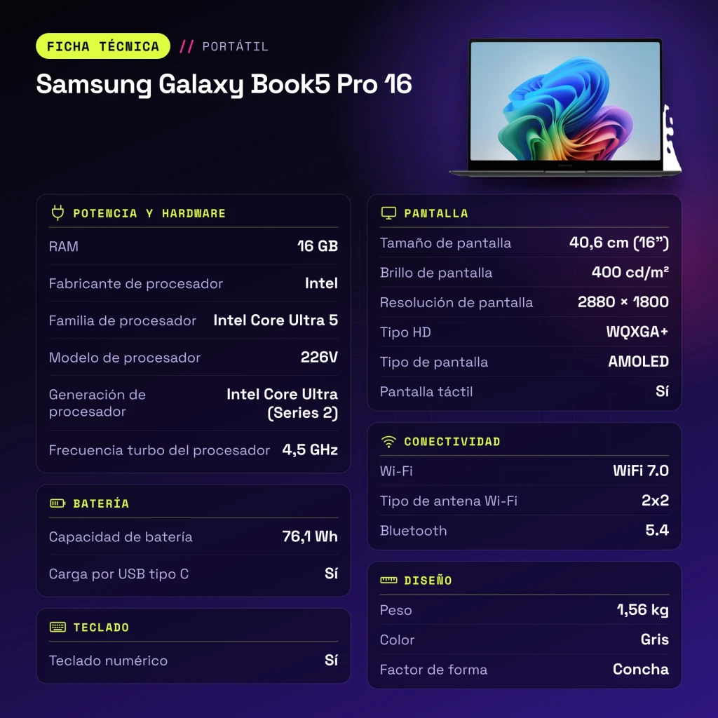 PC portable Samsung Galaxy Book5 Pro 16 16 Go/512 Go 16 pouces AMOLED Tactile Intel Core Ultra 5 226V SSD NVMe Gris - caractéristiques