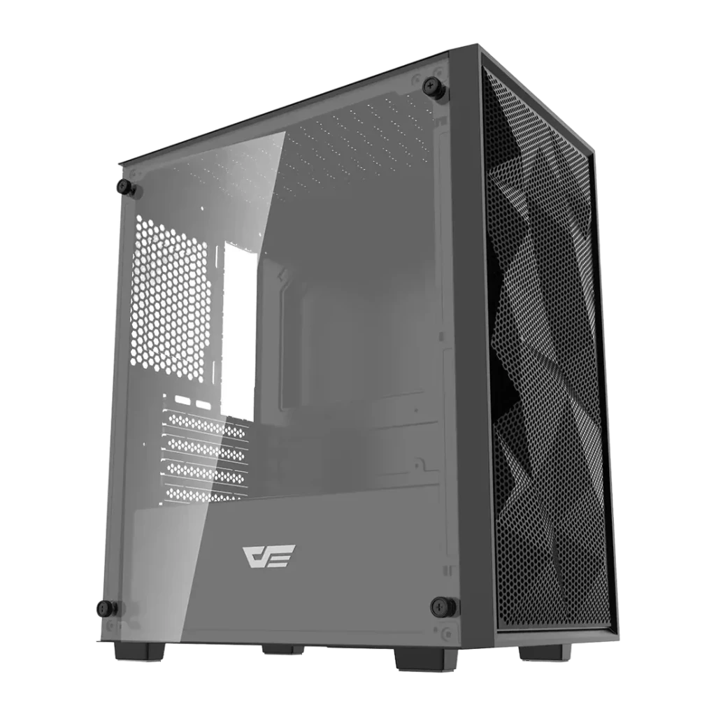 Boîtier PC Darkflash M305 Mesh Verre Trempé Micro-ATX / ITX Noir, vue avant: panneau latéral en verre et façade mesh