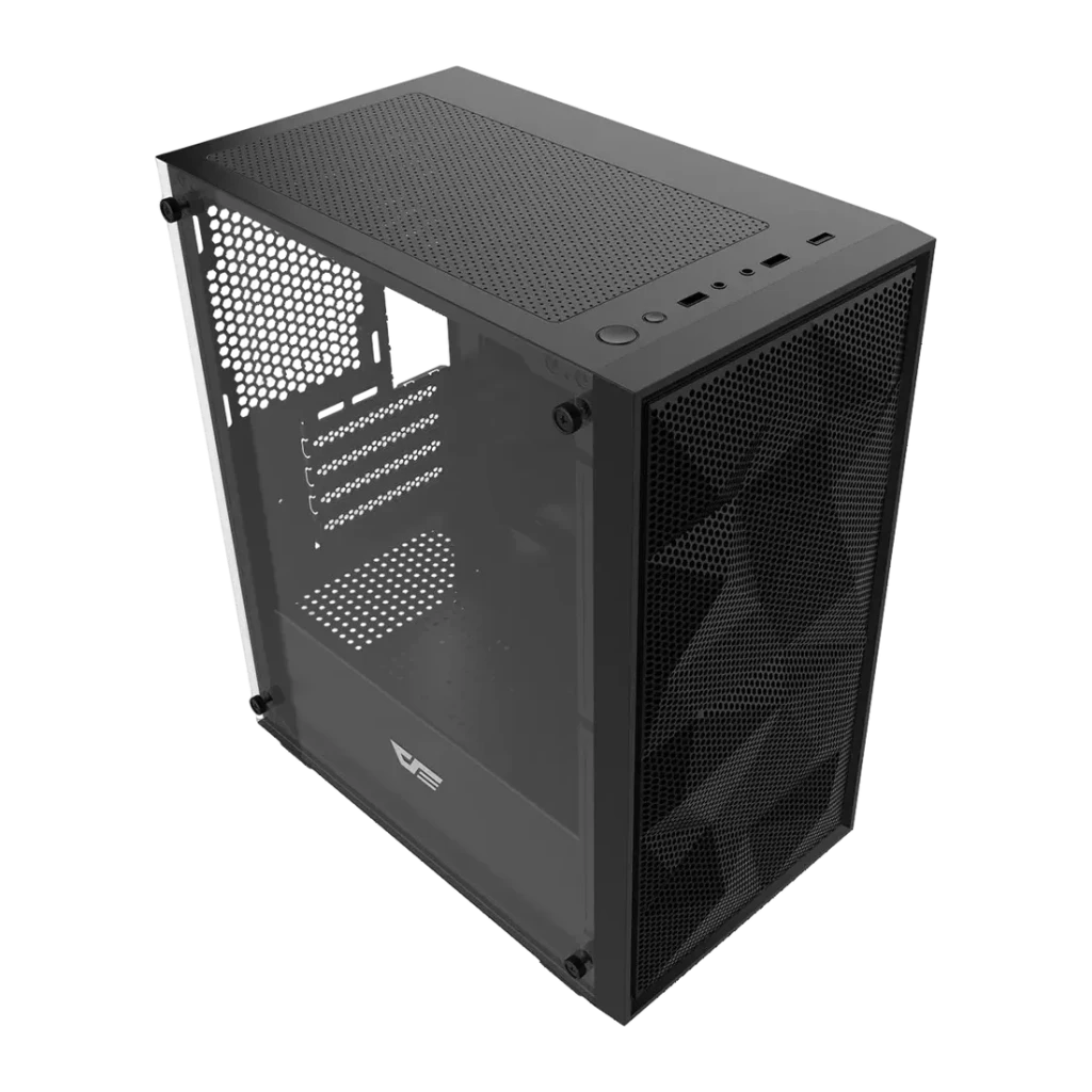 Boîtier PC Darkflash M305 Mesh Verre Trempé Micro-ATX / ITX Noir, détail: panneau latéral en verre trempé et façade mesh