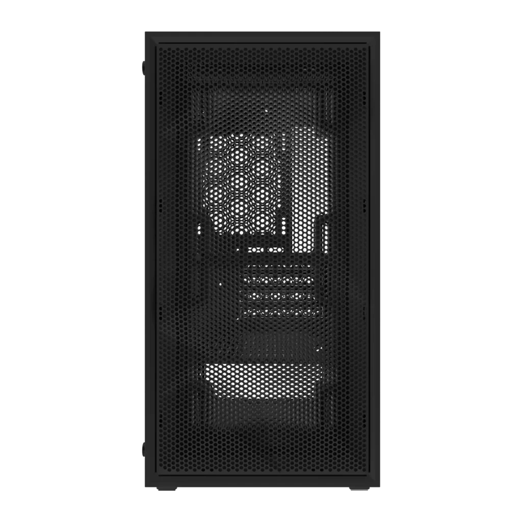Boîtier PC Darkflash M305 Mesh Verre Trempé Micro-ATX / ITX Noir, détail façade: panneau mesh hexagonal avec ventilateur