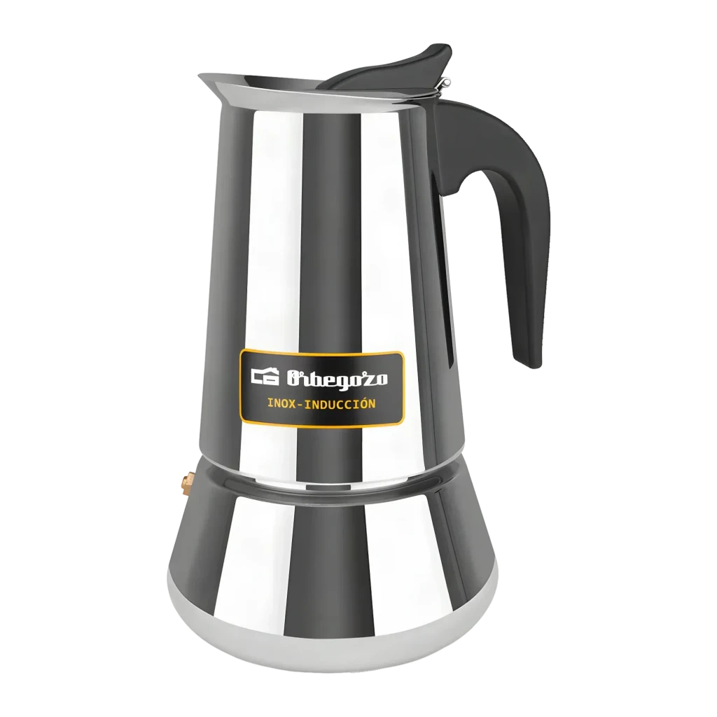 Cafetière italienne Orbegozo 9 tasses Noir/Acier inoxydable KFI 960, vue de face: corps poli avec poignée noire, étiquette