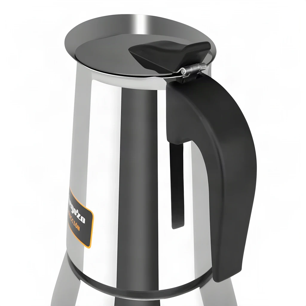Cafetière italienne Orbegozo 9 tasses Noir/Acier inoxydable KFI 960, détail: poignée noire ergonomique et couvercle à bouton