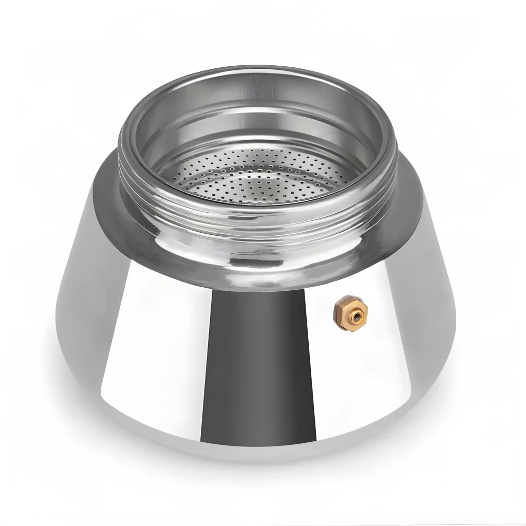 Cafetière italienne Orbegozo 9 tasses Noir/Acier inoxydable KFI 960, détail: base inférieure avec soupape de sécurité dorée