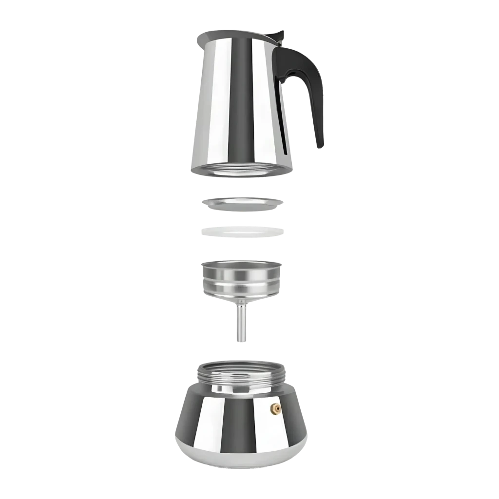 Cafetière italienne Orbegozo 9 tasses Noir/Acier inoxydable KFI 960, détail: vue éclatée avec joint, filtre, entonnoir