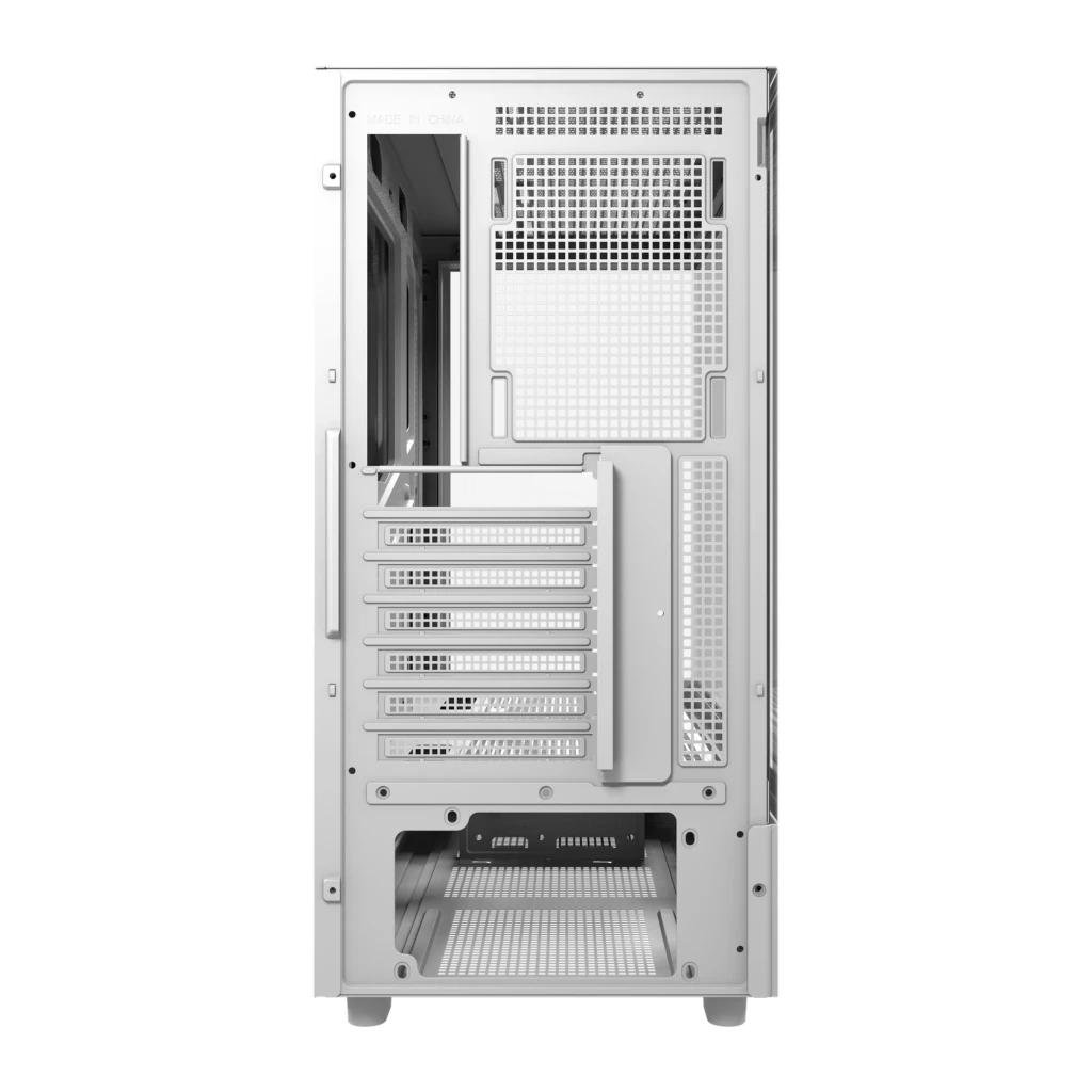 Boîtier PC Darkflash DS950 Verre Trempé 270° ATX Blanc, vue arrière: slots d'extension, grilles de ventilation et baie
