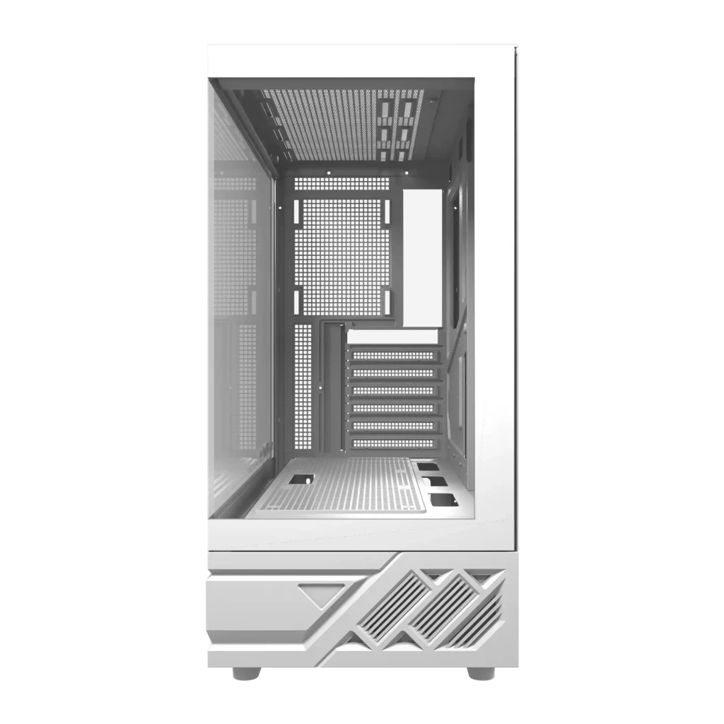 Boîtier PC Darkflash DS950 Verre Trempé 270° ATX Blanc, détail intérieur: plateau perforé, slots PCIe et base au design