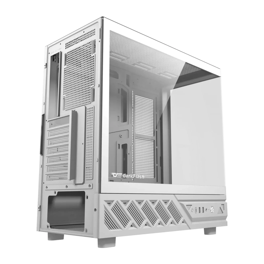 Boîtier PC Darkflash DS950 Verre Trempé 270° ATX Blanc, vue arrière: panneau arrière avec slots PCIe, grilles de ventilation