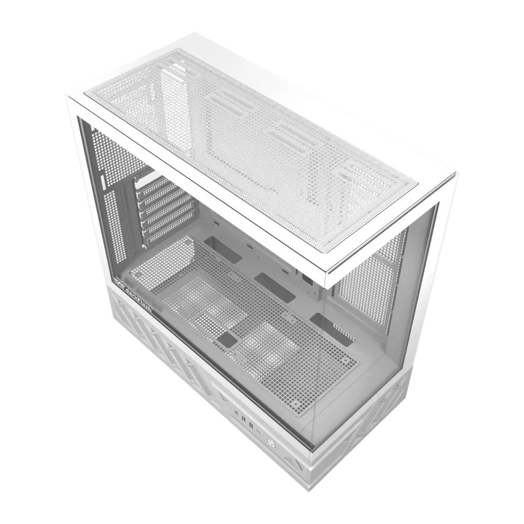 Boîtier PC Darkflash DS950 Verre Trempé 270° ATX Blanc, détail: vue supérieure en angle avec intérieur vide, panneau mesh