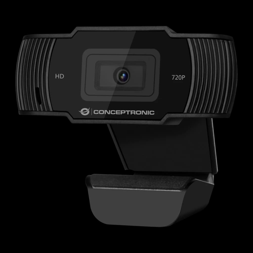Webcam Conceptronic AMDIS03B HD 720p com Microfone USB 2.0 Preto, vista frontal: lente central, inscrições HD e 720P, logo