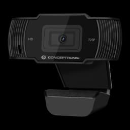 Webcam Conceptronic AMDIS03B HD 720p com Microfone USB 2.0 Preto, vista frontal: lente central, inscrições HD e 720P, logo