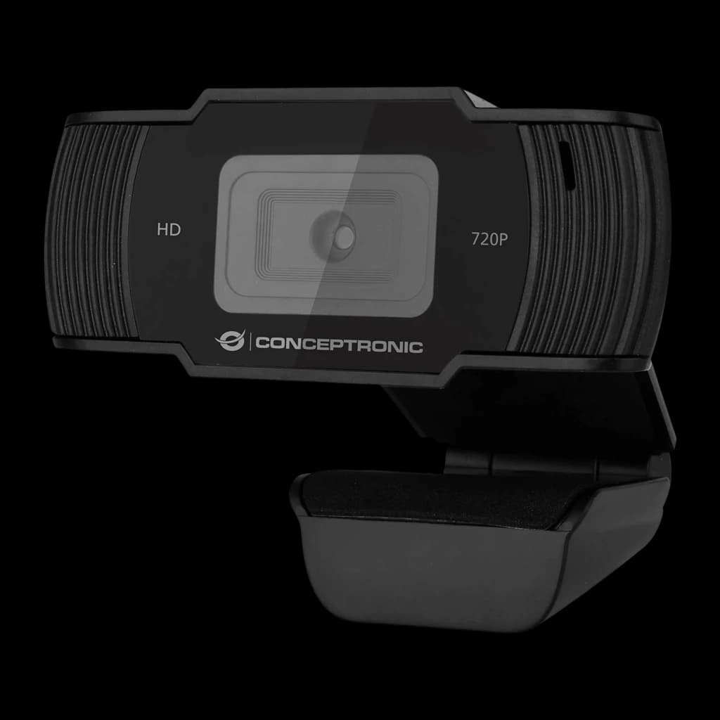 Webcam Conceptronic AMDIS03B HD 720p com Microfone USB 2.0 Preto, detalhe: lente central, inscrições HD e 720P e logótipo