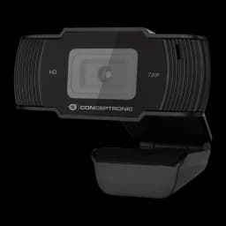 Webcam Conceptronic AMDIS03B HD 720p com Microfone USB 2.0 Preto, detalhe: lente central, inscrições HD e 720P e logótipo
