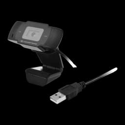 Webcam Conceptronic AMDIS03B HD 720p com Microfone USB 2.0 Preto, detalhe: lente frontal, clipe de fixação e conector USB