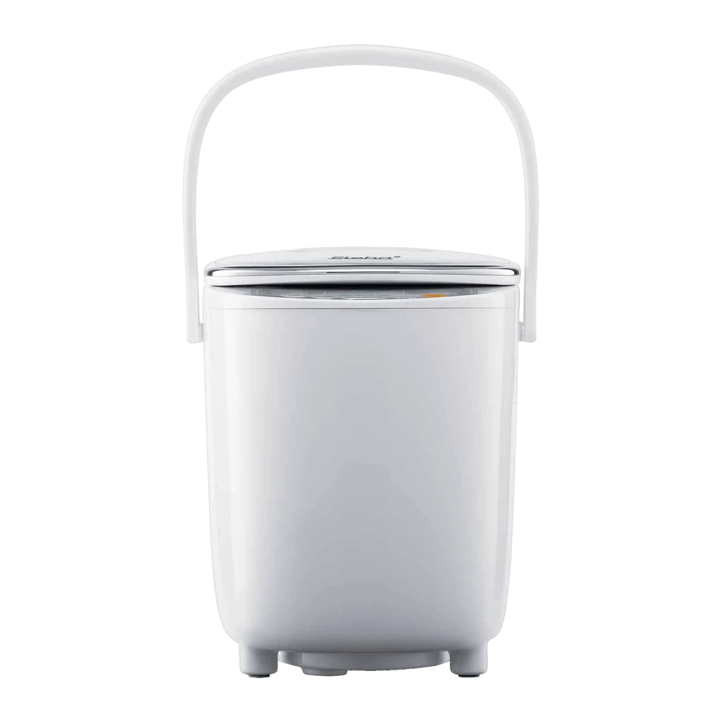Machine à pain Steba BM 3 540W 750g Blanc, détail avant: poignée ergonomique, couvercle avec logo et corps cylindrique