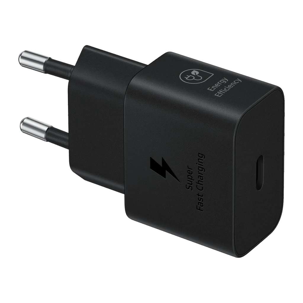 Chargeur Samsung Noir 25W USB-C EP-T2510N, vue de face: corps compact noir avec port USB-C, icône Super Fast Charging