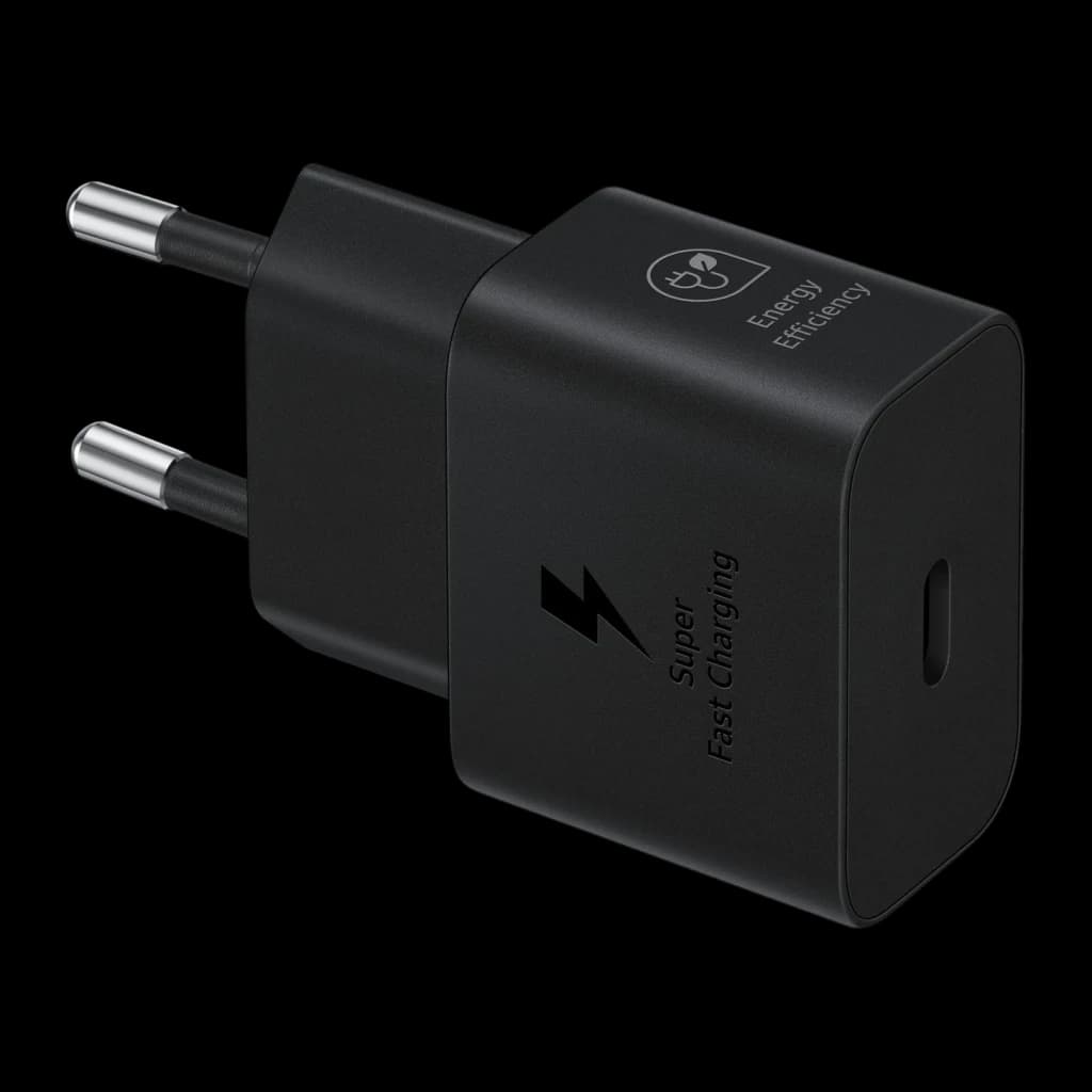 Chargeur Samsung Noir 25W USB-C EP-T2510N, vue de face: corps compact noir avec port USB-C, icône Super Fast Charging