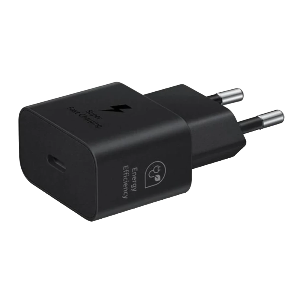 Chargeur Samsung Noir 25W USB-C EP-T2510N, détail: port USB-C frontal, logo Super Fast Charging et fiche européenne