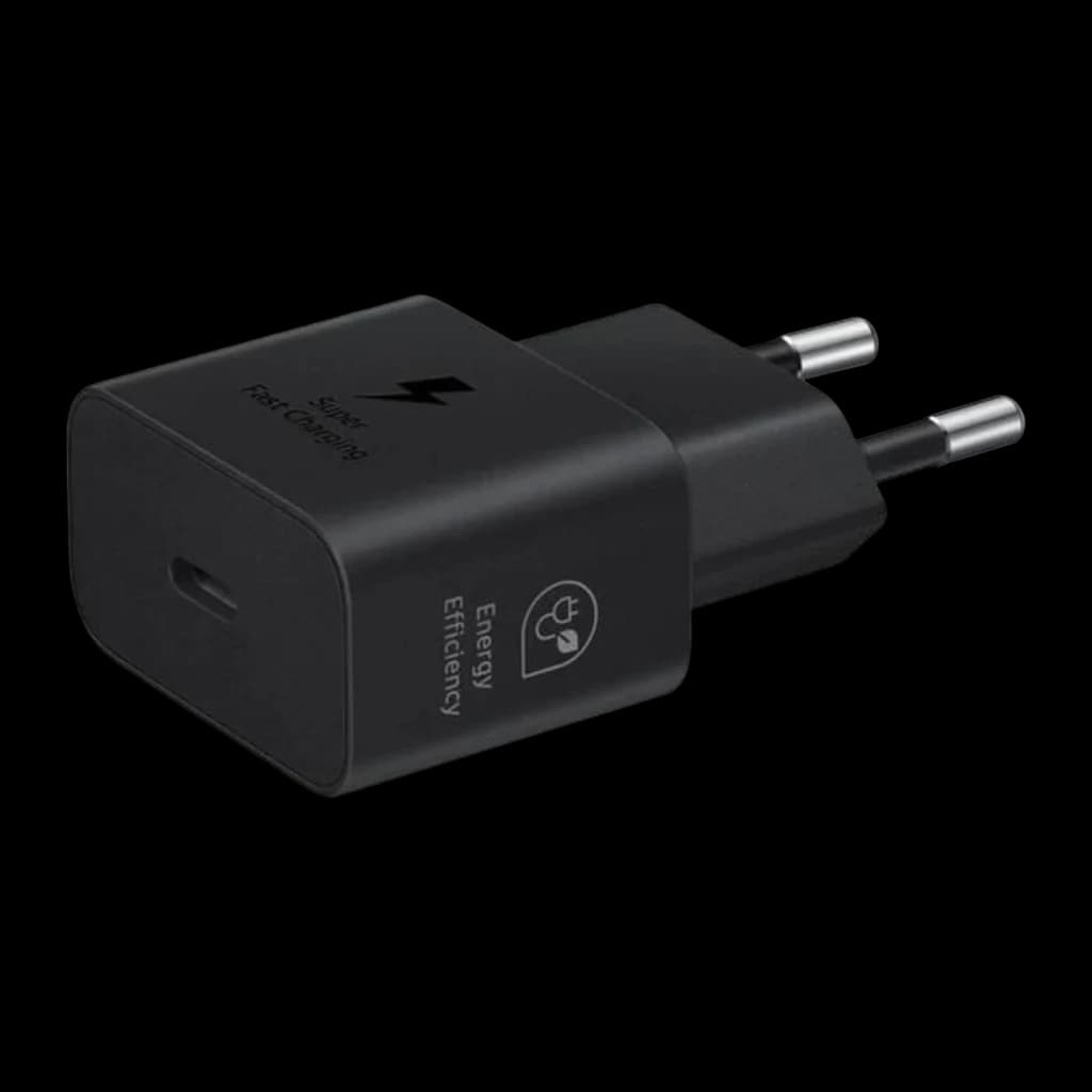 Chargeur Samsung Noir 25W USB-C EP-T2510N, détail: port USB-C frontal, logo Super Fast Charging et fiche européenne